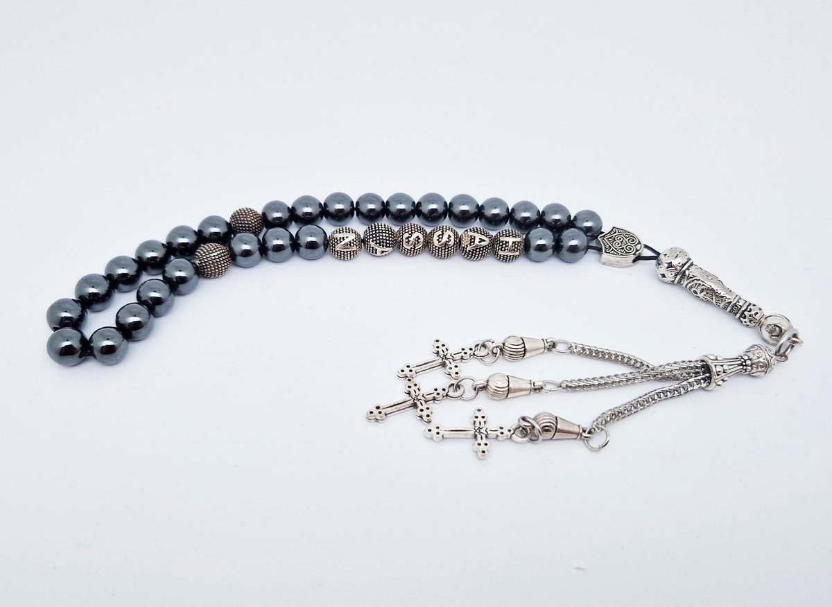Handgemaakte naam tasbih 33 Kralen Natuursteen “Hematiet” - met metaal tassel- Met je naam of de naam van uw geliefde- 8 mm diameter van de korrel