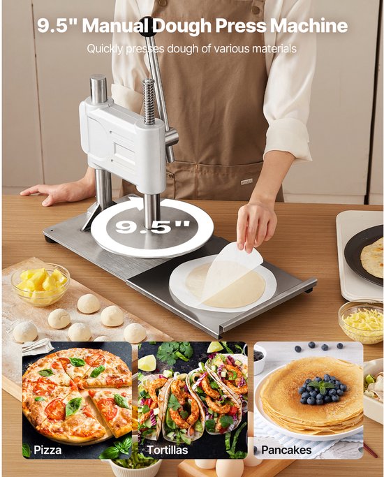 Handmatige Pizzadeegpers 241,3 Mm met Roestvrijstalen Plaat, Gebak- En Broodpers voor Commercieel Gebruik, 5 Mm Dikke Vormmachine met Handvat En 100 Stuks Perkamentpapier — afbeelding 2