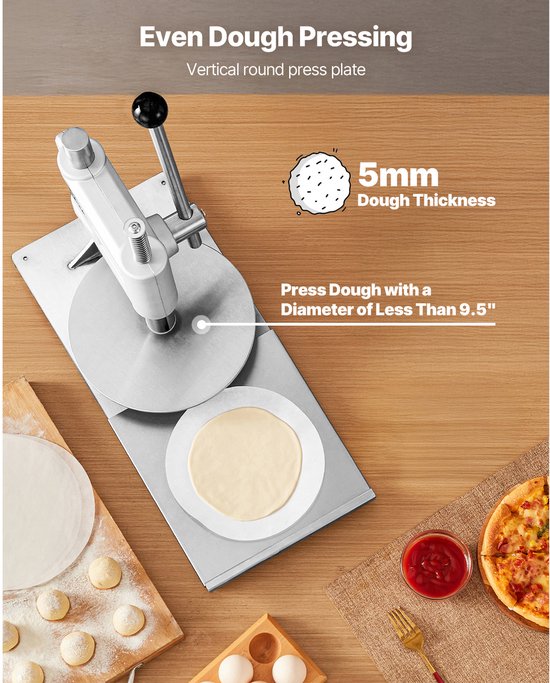 Handmatige Pizzadeegpers 241,3 Mm met Roestvrijstalen Plaat, Gebak- En Broodpers voor Commercieel Gebruik, 5 Mm Dikke Vormmachine met Handvat En 100 Stuks Perkamentpapier — afbeelding 4