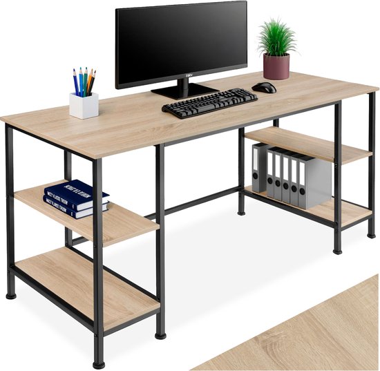 tectake® Bureau - Computerbureau met 4 planken - Bureautafel van hout en metaal - Industrieel design - Zwart metalen frame - Draagkracht bureaublad 150 kg per plank 50 kg - Afmetingen (LxBxH) 137 x 55 x 75 cm - Lichtbruin