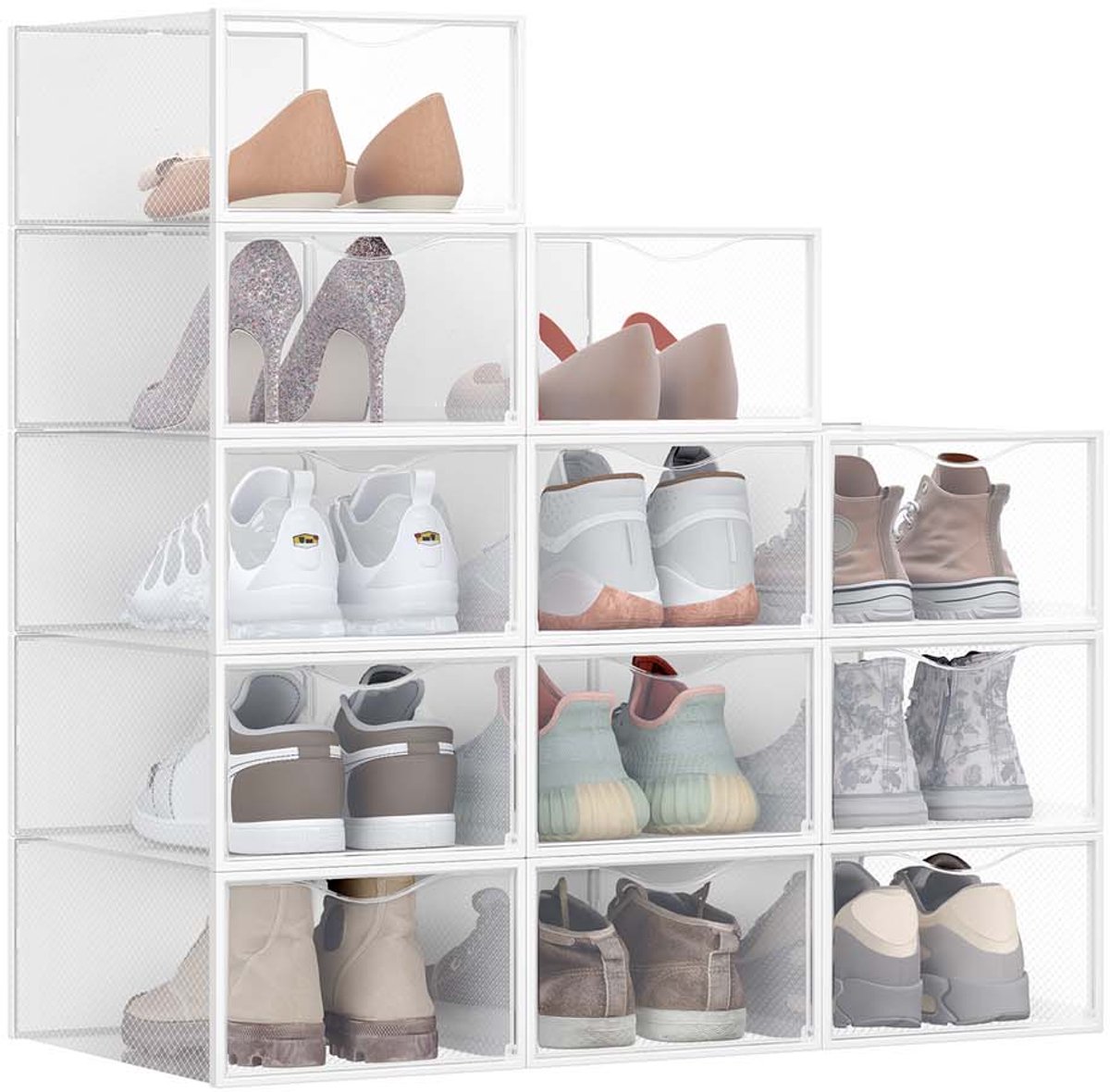 Schoenendozen - Set van 12 - Met Deur - 33,2 x 23 x 14,5 cm - Transparant - Wolkwit