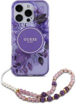 Étui Guess adapté à iPhone 16 Pro Max avec cordon - Étui Guess MagSafe IML Fleurs avec bracelet en perles - violet