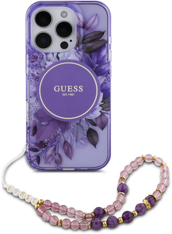Guess geschikt voor MagSafe IML Flowers Case met beads strap geschikt voor iPhone 16 Pro Max - Purple