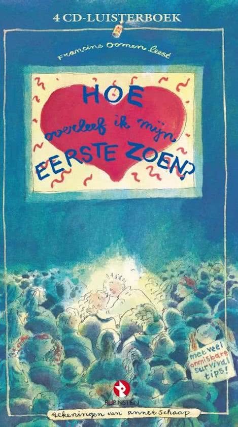 Boekcover van 'Hoe overleef ik mijn eerste zoen?' met een rode hart met tekst, omringd door krullen en een publiek.