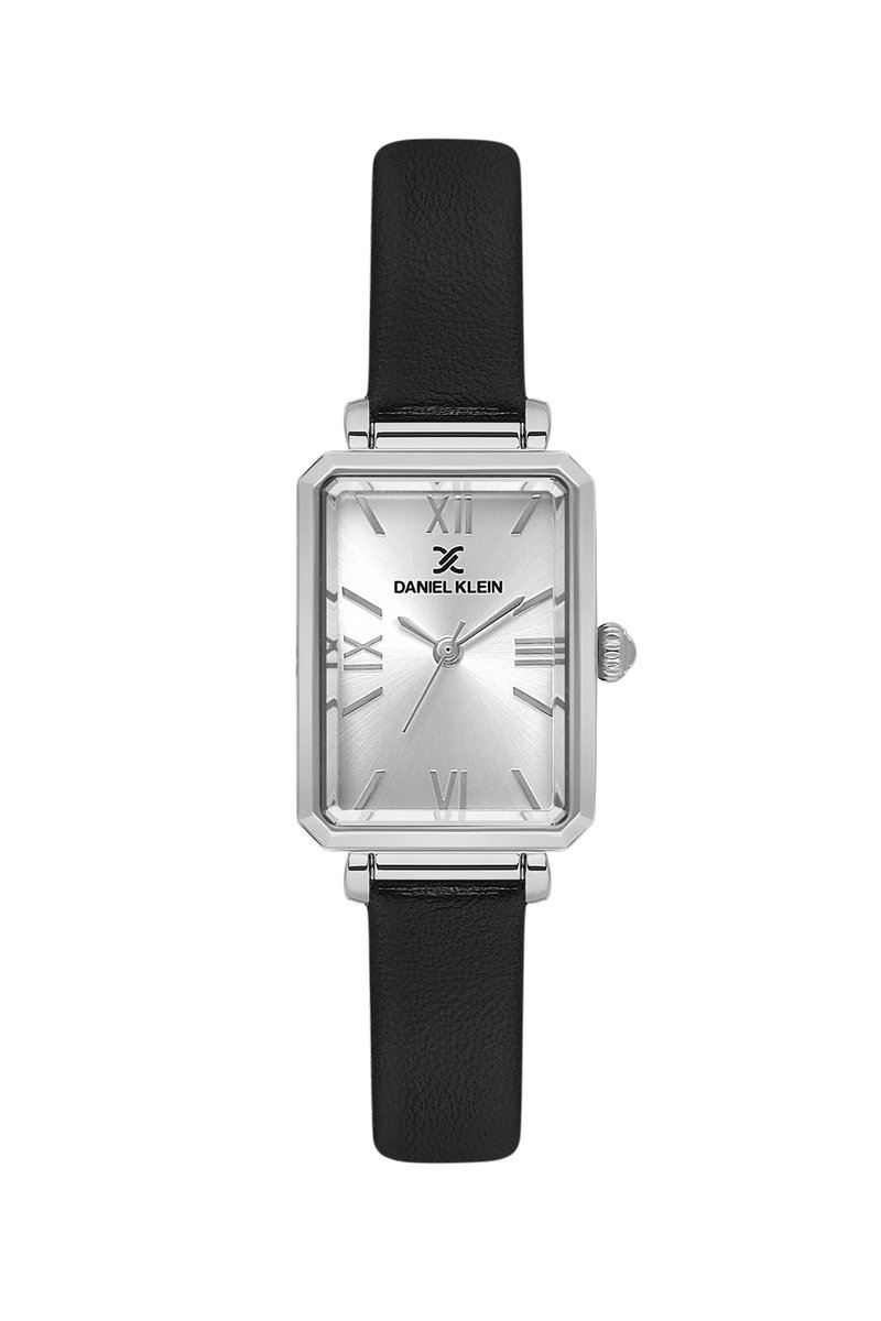 Daniel Klein DK.1.13935-1 - Horloge - Polshorloge - Analoog - Dames - Vrouwen - Leren band - Metaal - Rechthoek - Streepjes - Romeinse Cijfers - Zwart - Zilverkleurig