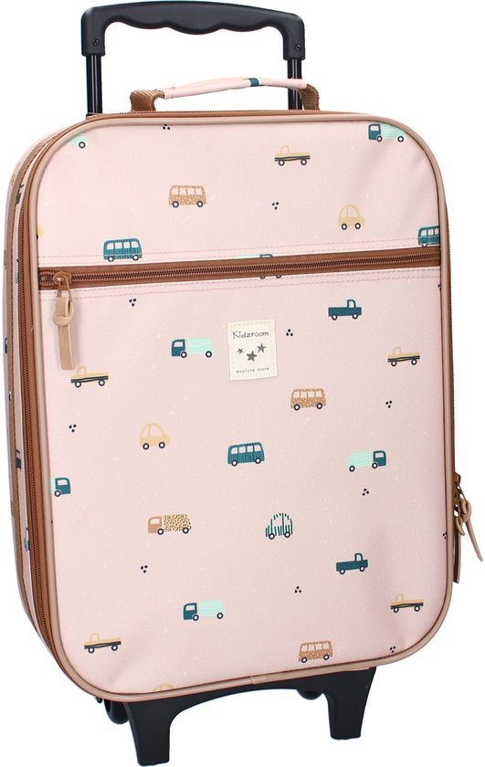 Roze koffer met bruine bies en een label 'Kidzroom explore more'. Opdruk van diverse voertuigen.