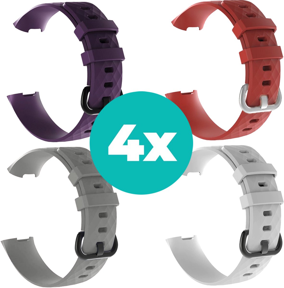 Siliconen bandjes geschikt voor Fitbit Charge 4 bandje - Bundel van 4 bandjes - Sport bandje Geschikt voor Fitbit Charge 3 bandje - Set bandjes 4x Paars - Grijs - Wit - Rood - Maat M/L (Large)