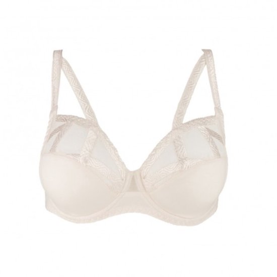 Soutien-gorge push-up couleur ivoire avec empiècements en mesh et motif géométrique sur les bretelles.