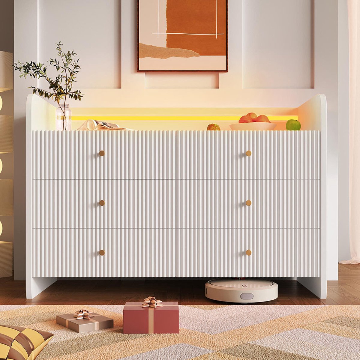 Pugsdrly Dressoir, ladekast met ledverlichting en 6 lades, golvend design, moderne kast voor woonkamer en slaapkamer, 120x40x75cm, wit