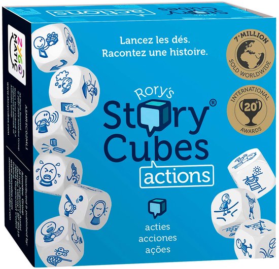 Doos van Rory's Story Cubes Actions met 9 dobbelstenen met actie-iconen, 'Lancez les dés. Racontez une histoire.'
