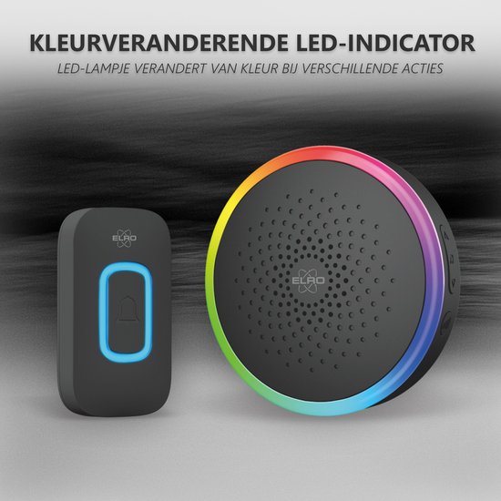 Zwarte deurbelknop met blauwe LED en ronde ontvanger met regenboog LED-ring, draadloze verbinding aangegeven.
