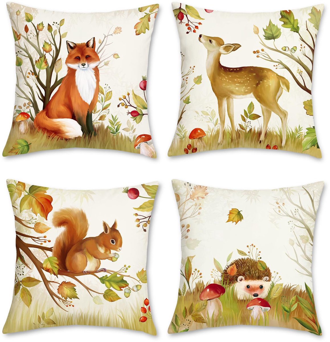 Ibenzoa Set van 4 decoratieve kussenslopen met bosdierenmotief, 45 x 45 cm, voor diverse interieurs dieren1