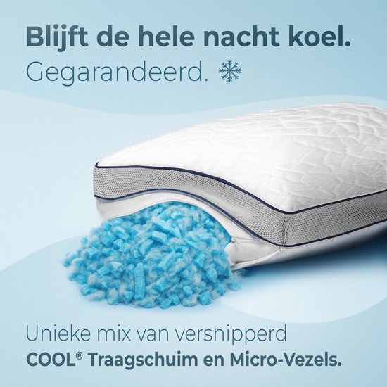Witte kussen met blauwe en grijze rand, deels opengewerkt met blauwe schuimvlokken. Blijft de hele nacht koel.