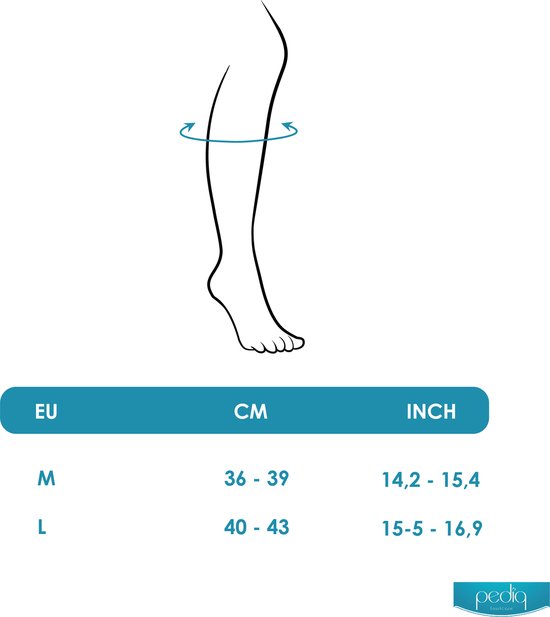 Schematische tekening van een been met meetlint. Maattabel in EU, CM en Inch voor maat M en L.