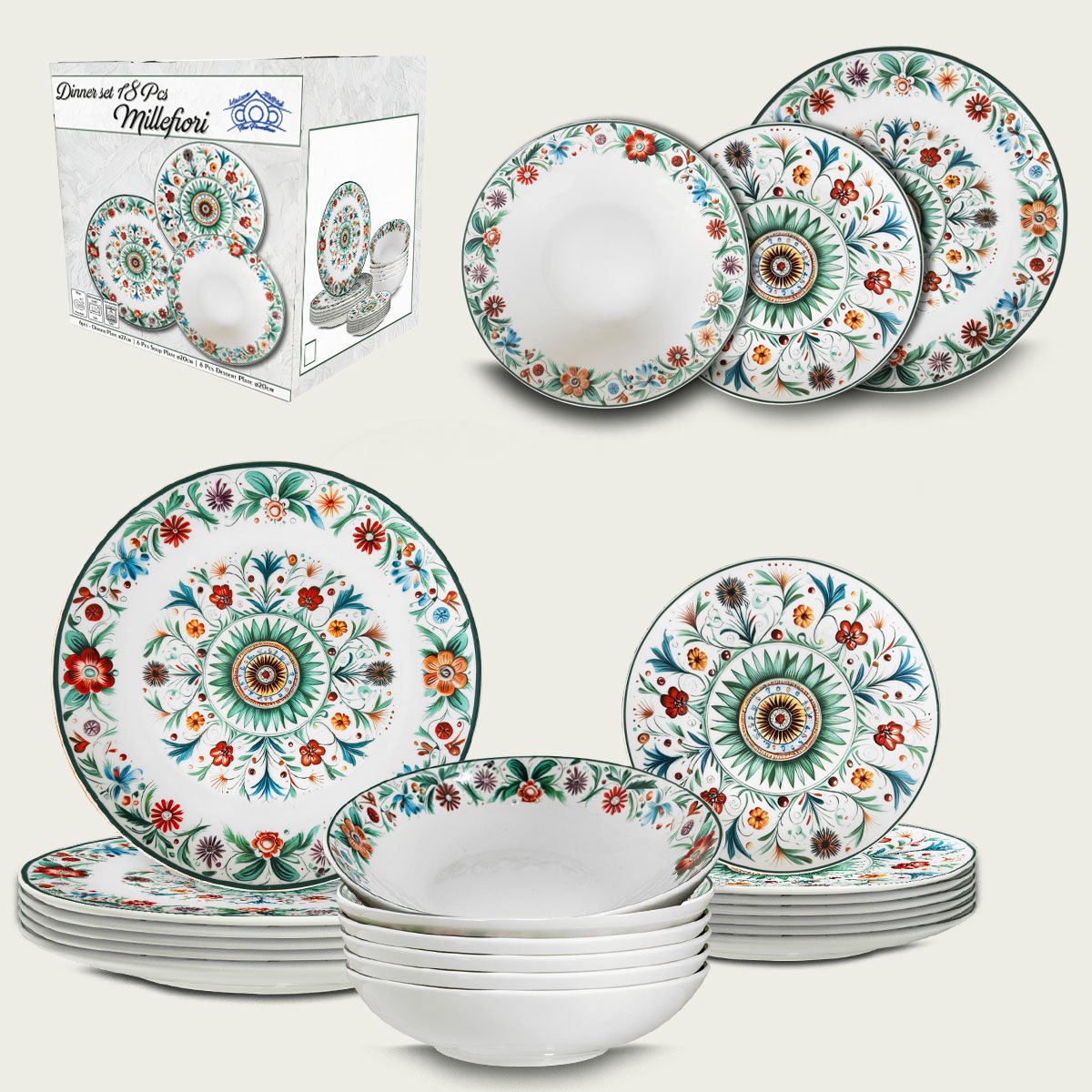 Arca Millefiori - Serviesset - Serviesset 6 persoons - 6 diner-, 6 diepe en 6 dessertborden - met vrolijk bloemenpatroon in felle kleuren - geschenkdoos