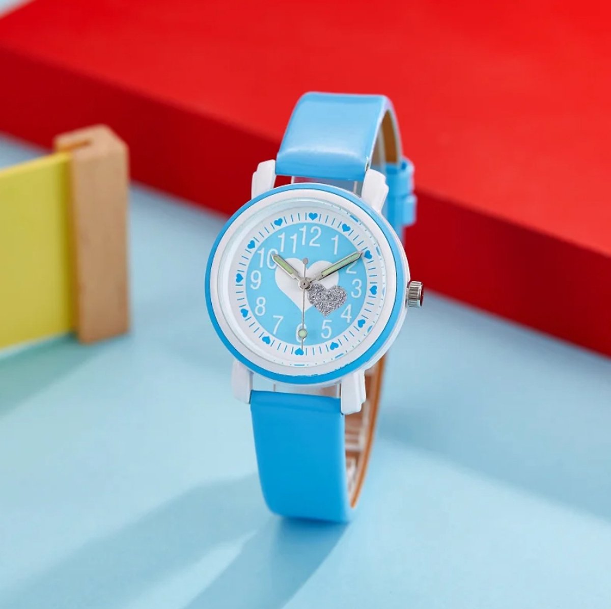 Actie4you® - Meisjes Horloge - Licht Blauw met Hartjes - PU Leren Bandje - Girls Watch - Kids Horloge