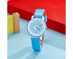 foto van Actie4you® - Meisjes Horloge – Licht Blauw met Hartjes – PU Leren Bandje - Girls Watch – Kids Horloge