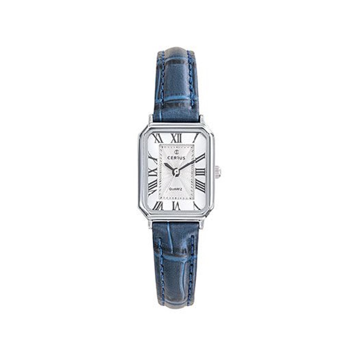 Certus-Dameshorloge-model 644561-rechthoekig- zilverkleurig-donkerblauw lederen band-Romeinse cijfers-afmeting 25 x 19 mm-5 atm waterdicht-zwemmen-sporten-diameter 32 mm-hoog draagcomfort