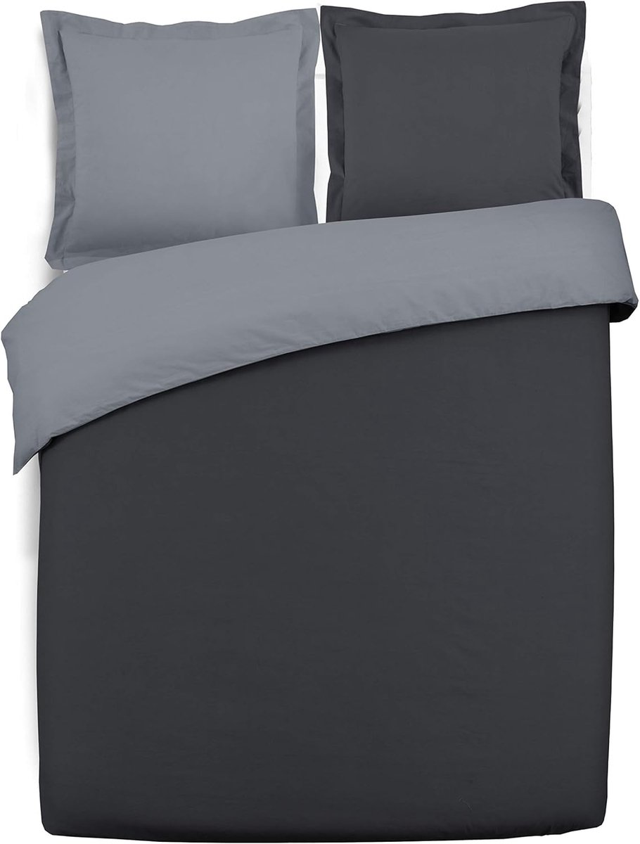Famanu omkeerbaar Antraciet/grijs dekbedovertrek 260x240cm met 2 bijpassende slopen - 100% katoen