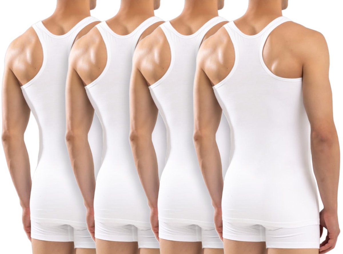 Calzera 4 Pack Halterhemden - Heren Halter hemd - Tanktop - Premium Kwaliteit - Sporthemd heren - 100% Gekamd Katoen - Wit - Maat L