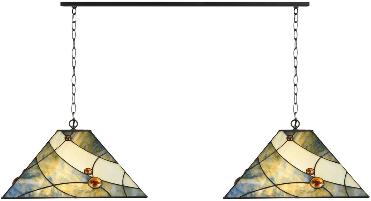 Coloured by Art 2 x Tiffany Sky Blue met ketting lampen aan plafondbalk - Art Deco Trade Zwart