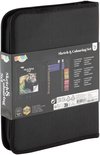 Zwarte etui open met 71 potloden, een schetsboek met tijgerafbeelding.