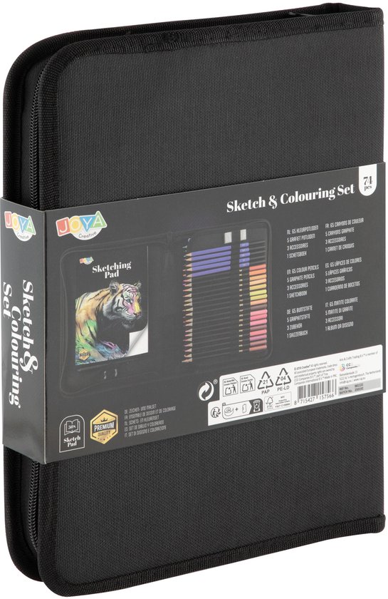 Zwarte etui open met 71 potloden, een schetsboek met tijgerafbeelding.