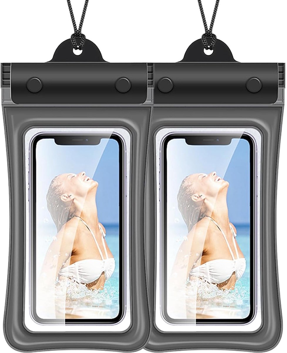 Tweedelige set - Waterdichte zwemtas - Duiktas - Drijvende opblaasbare waterdichte tas voor mobiele telefoon - Onderwaterhoes voor mobiele telefoon - Met touw - Draagbaar en betrouwbaar - Zwart (twee stuks)