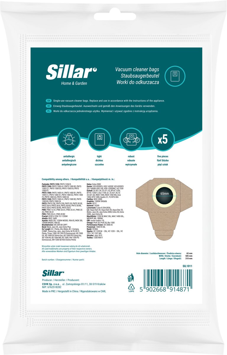 Sillar , stofzuigerzakken, synthetisch, van microvezel, 3 filterlagen, vervanging, geschikt voor stofzuigers Parkside PWD PNTS 1300 1400 PWS, Dexter, Lavor, 5 stuks