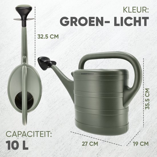 Afmetingen en kleur van een grijze gieter: 10 liter inhoud, 32,5 cm lengte, 35,5 cm hoogte, 27 cm breedte, 19 cm diepte.