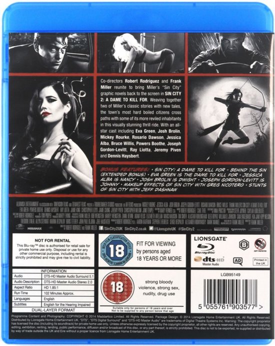 Achterkant Blu-ray hoes met informatie over de film Sin City 2: A Dame to Kill For
