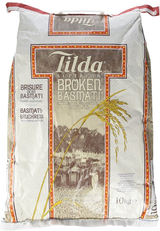 TILDA Gebroken Basmatirijst 1 x 10 kg | 100% pure basmatirijst uit de Himalaya | Glutenvrij & aromatisch | Van Indiase oorsprong | Perfect voor curry, pilaf & bijgerechten met Kajal Sticker
