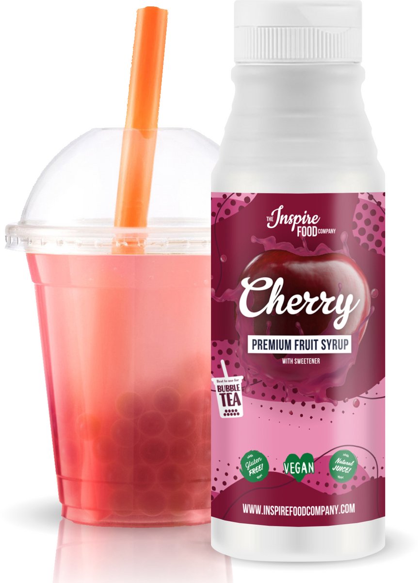 Inspire Food Company – Fruitsiroop Bubble Tea – Kers – 100% natuurlijk, geen kunstmatige kleurstoffen toegevoegd – 300 ML