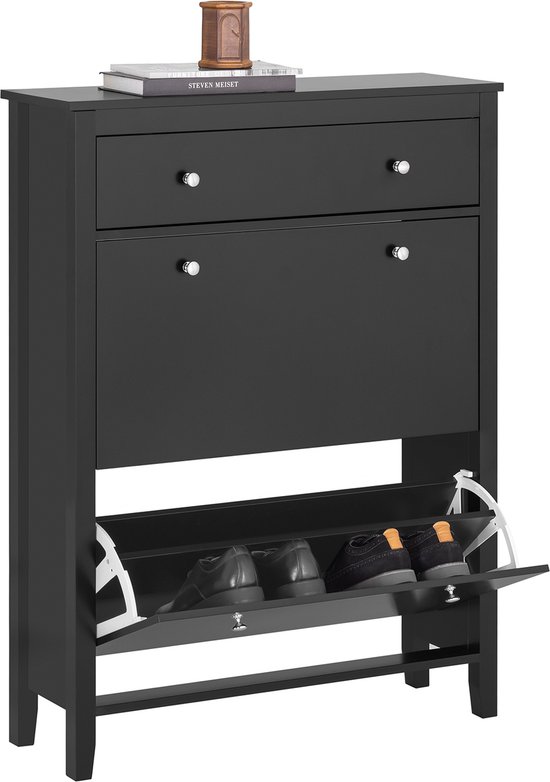 Meuble à chaussures noir avec des portes abattantes ouvertes et des chaussures.