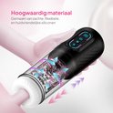 Zwarte masturbator in hand met transparant deel. Blauwe en paarse pijlen duiden de stroming aan in het product.