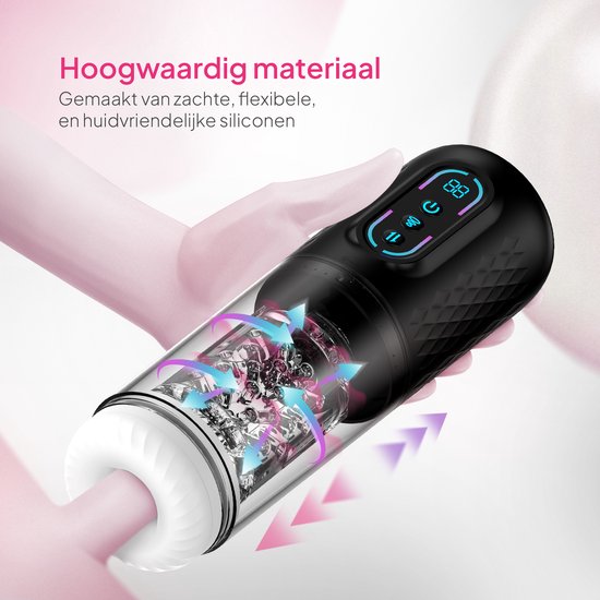 Zwarte masturbator in hand met transparant deel. Blauwe en paarse pijlen duiden de stroming aan in het product.