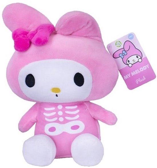 Roze My Melody knuffel met een witte skeletprint op de buik en een strik op het hoofd.