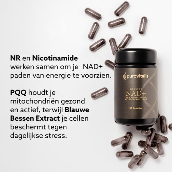 Zwarte pot met 'purovitalis NAD+ Booster NR + Nicotinamide Anthocyanins + PQQ 30 Capsules' omringd door capsules.