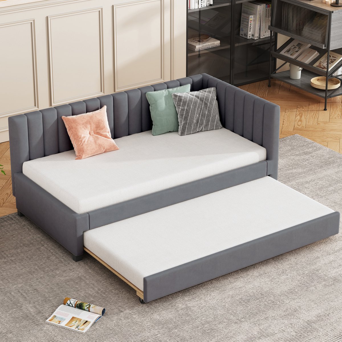 HAUSS SPOLE Slaapbank 90x200 cm - Logeerbed Met Uittrekbed 90x190 cm - Voor Kinderkamer - Fluweel - Grijs