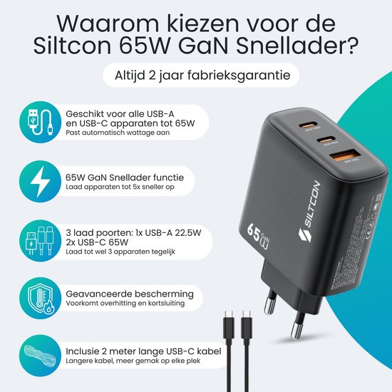 Zwarte Siltcon 65W GaN oplader met twee USB-C poorten en een USB-A poort, plus twee zwarte USB-C kabels.
