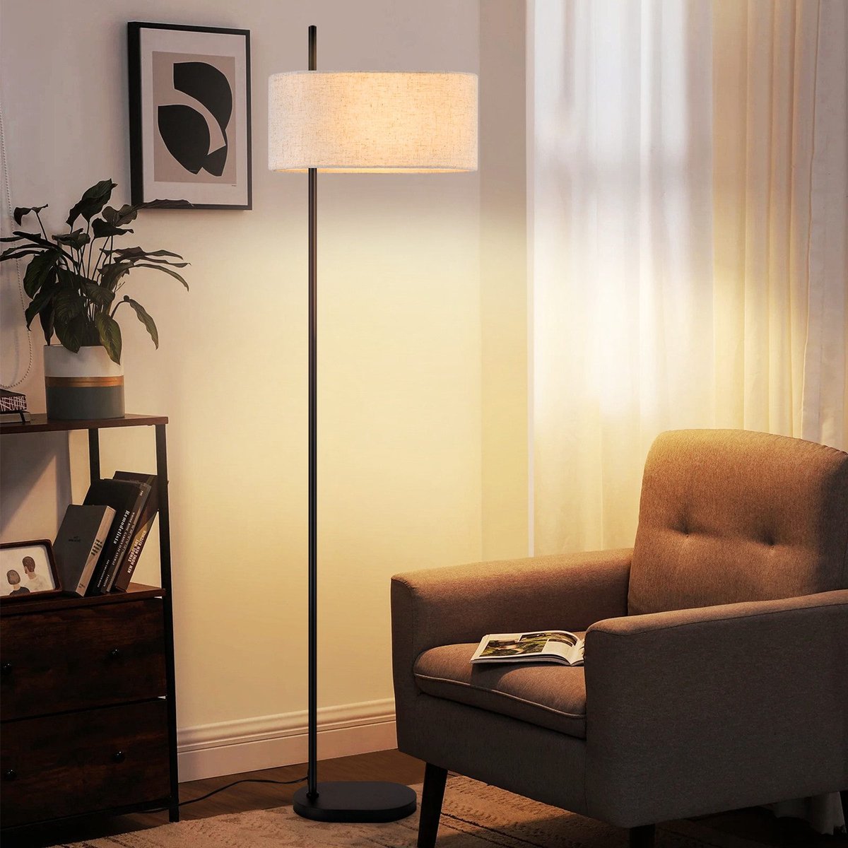NETTLIFE Vloerlamp E27 - Zwart - met stoffen Lampkap - Vintage Staande Lampen - met voetschakelaar - retro Leeslamp - voor Slaapkamer | Woonkamer | Studie - Zonder lamp - 154cm