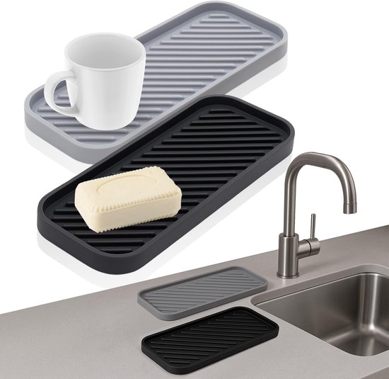 2 pièces - Tapis de vidange en Siliconen pour robinet - Zwart et gris - Tapis de robinet 22x9cm - Tapis de bar - Tapis de vidange pour robinet - Tapis de cuisine