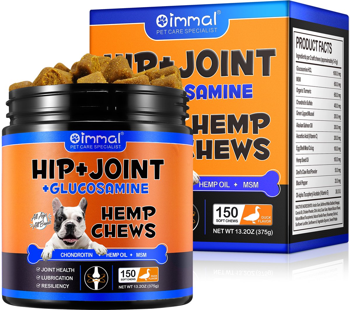 HIP & JOINT HEMP CHEWS - voedingssupplement voor elke hond leeftijd - maakt kraakbeen aan voor flexibiliteit en beweeglijkheid in gewrichten - tegen gewrichtsslijtage - met glucosamine, chondroitine, MSM, groenlip mossel en hennepolie - 150 brokjes