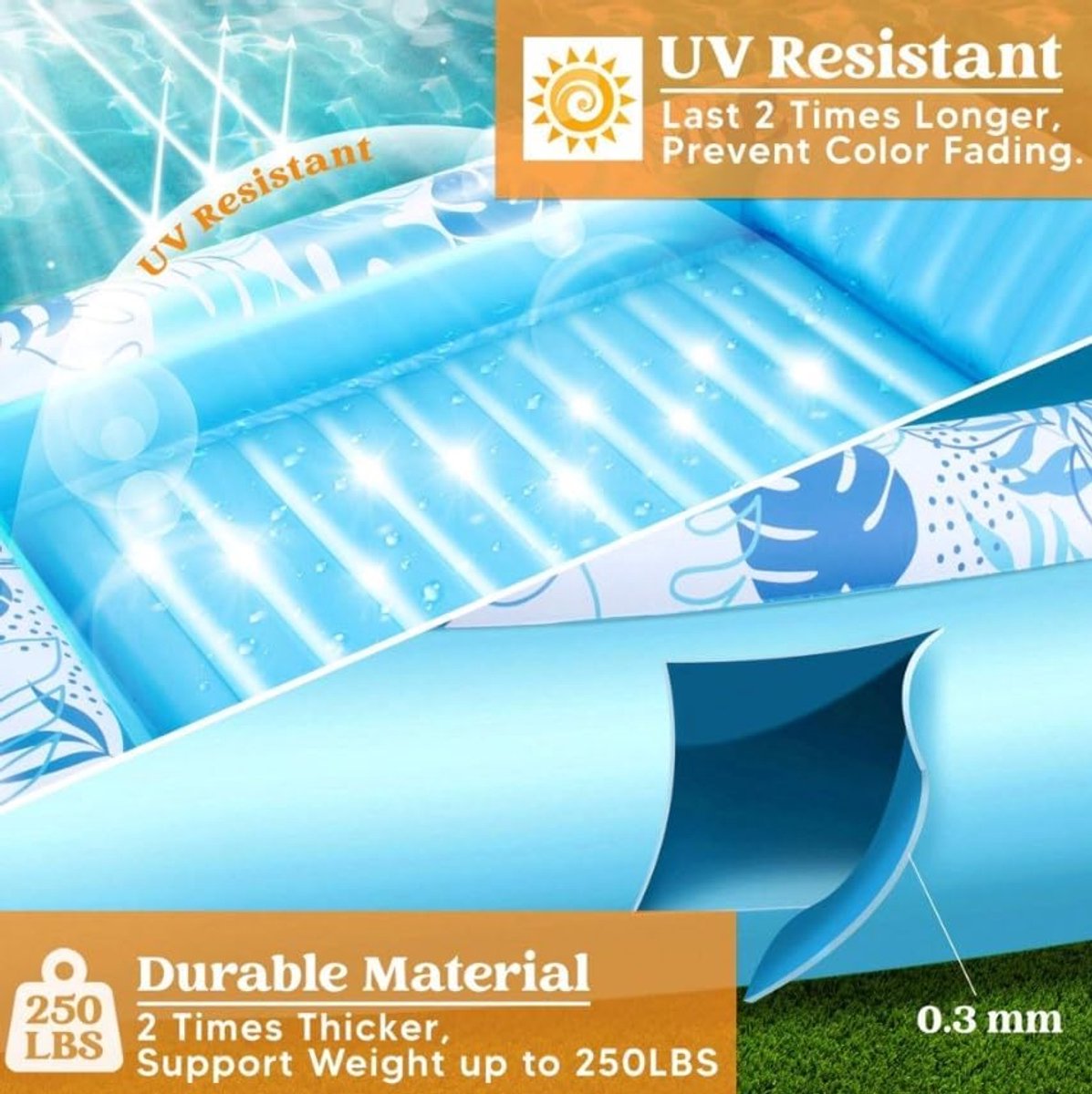 Jeorywoet Zonnebadbed, zonnebadbed met kussen, 175 x 100 x 20 cm PVC opblaasbaar ligbed met bekerhouder, draagbare opblaasbare zwembaddrijvers voor volwassenen kinderen strand zonnebaden, opblaasbaar