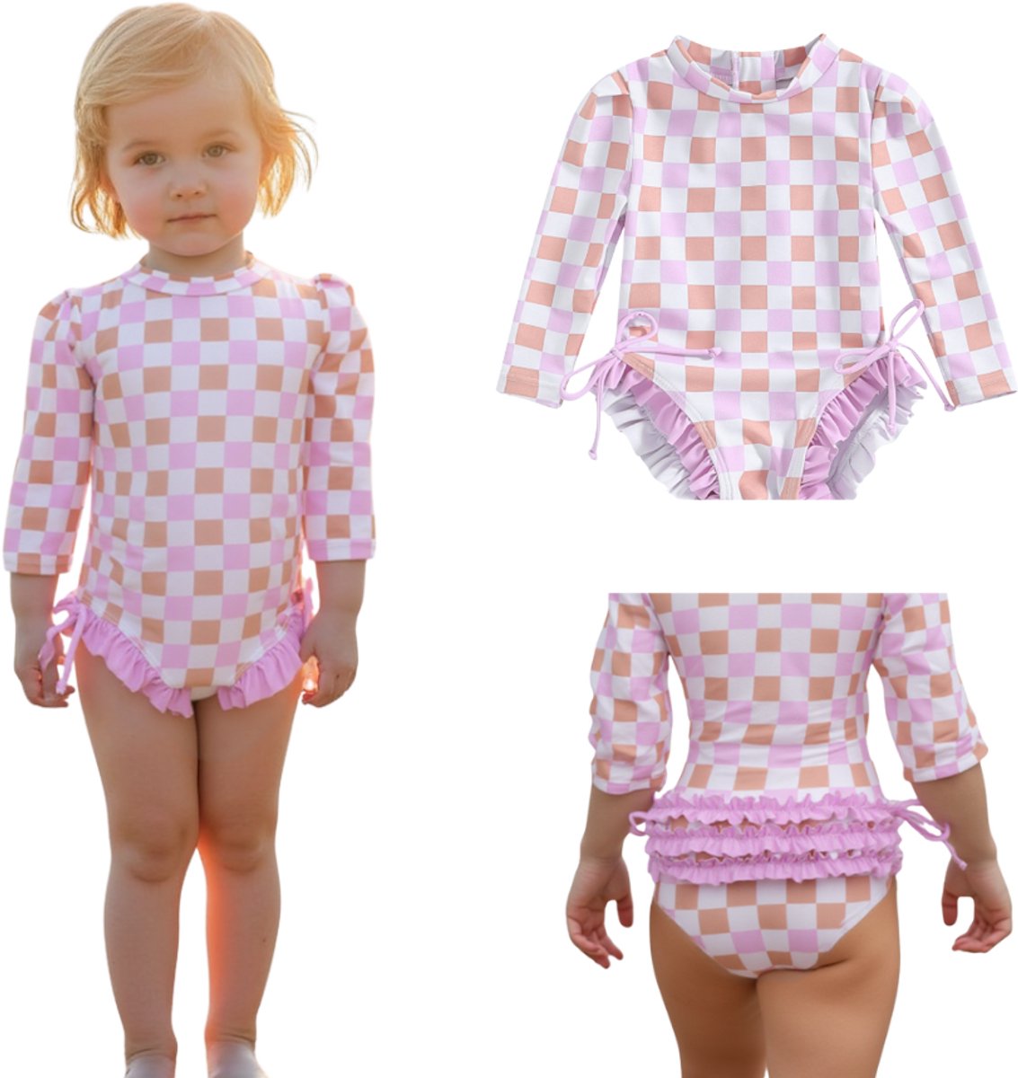 Joya Kids® Badpak Lange Mouw Lila, Roze en Wit Geblokt met Ruches en Strikjes Meisjes | Zwempak met ruches UV Badpak Lila en Roze | Zwempak Lange Mouw UV Bescherming Blokjes | Meisje Bikini Zomer | Kinderbadpak Peuter | Maat 6-12 Maanden