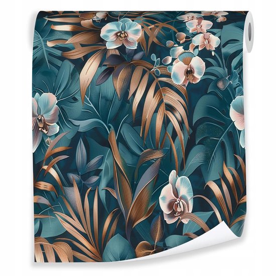 Rouleau de papier peint avec feuilles tropicales et orchidées dans des tons vert foncé, doré et rose.