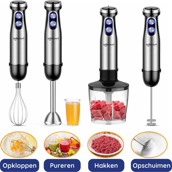 Vier staafmixers met accessoires: garde, maatbeker, hakmolen en melkopschuimer. Onderin eieren, smoothies, vlees en melkschuim. "Opkloppen, Purere, Hakken, Opschuimen."