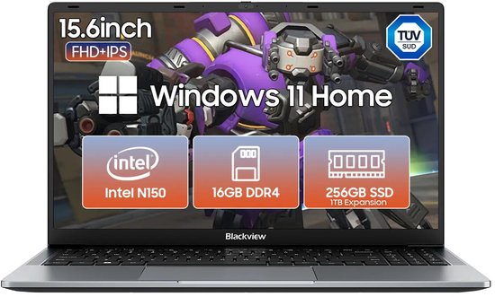 Blackview AceBook 6 Laptop - 15,6 inch Full HD - 16 GB RAM - 256 GB SSD Intel N150 - Windows 11 Notebook - UHD Graphics - Grijs