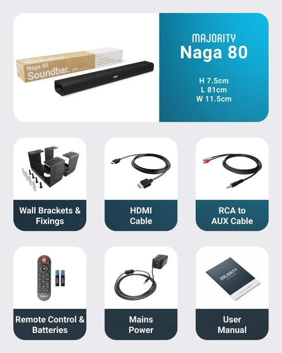 Majority Naga 80 Soundbar - Ingebouwde Subwoofer - Draadloos - HDMI ARC - Inc Afstandbediening - Zwart — afbeelding 3