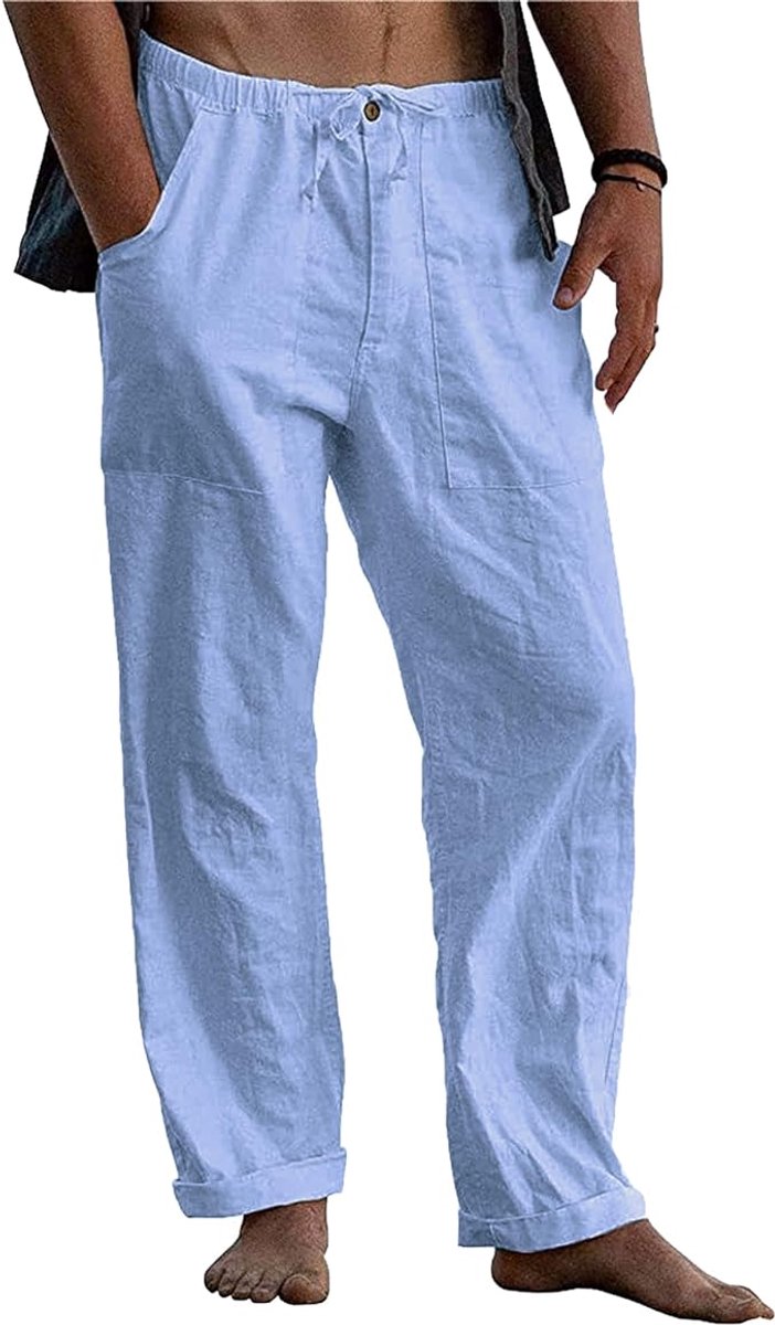 Casual Linnen Broek voor Heren met Zakken en Elastische Lichtblauw